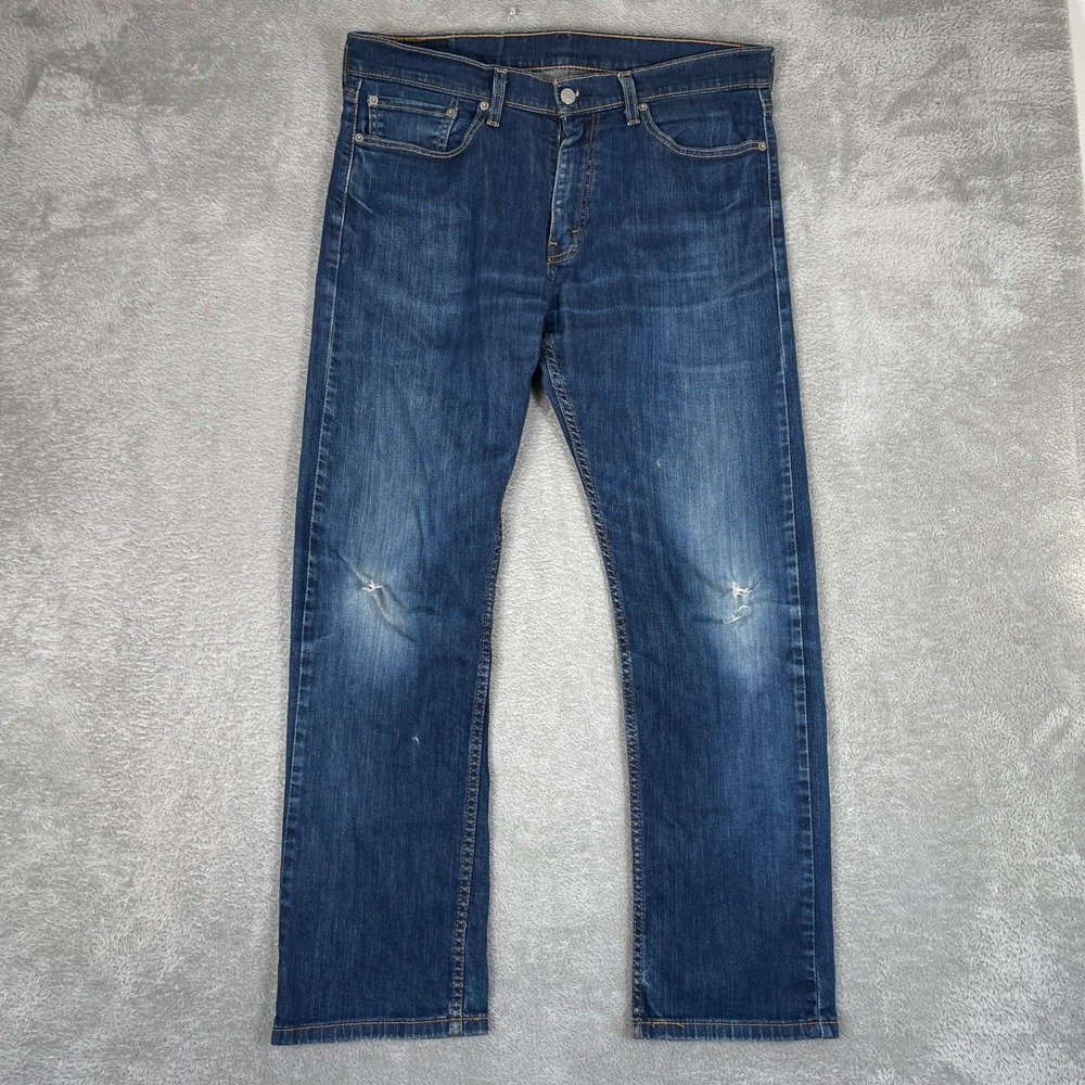 Levi 513 Slim Straight Jeans Mens 34x30 Blue Distressed Denim Stretch Cotton